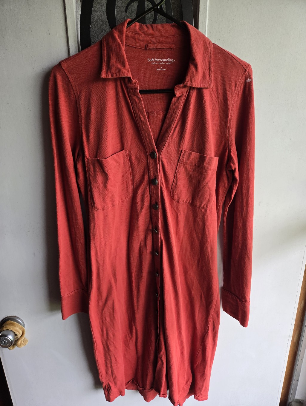 Soft Surroundings Button-Front Long Sleeve Drrss In Rust Red/Orange